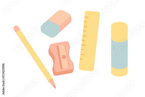 Essential school and office supplies collection including pencil eraser sharpener ruler and glue stick