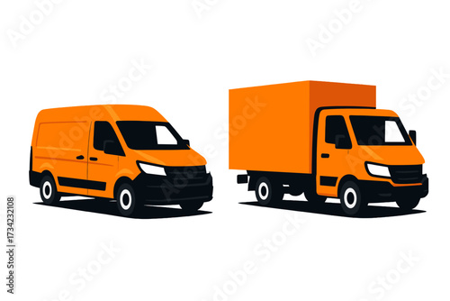 Modern orange delivery van and box truck for urban cargo transport, logistics services, and commercial shipping