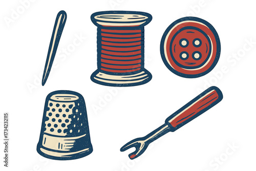 Collection of essential sewing supplies including needle, thread spool, button, thimble, and seam ripper for craft and repair