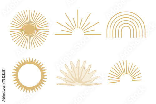 Set of golden sunburst and rainbow abstract shapes for bohemian design elements and minimalist decoration