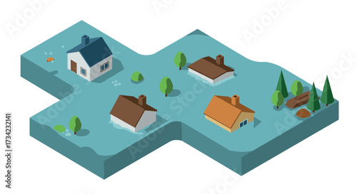 Isometric landscape with flooded houses and trees on blue terrain