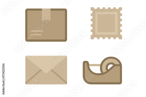 Collection of shipping and mailing icons: cardboard box, postage stamp, sealed envelope, and tape dispenser