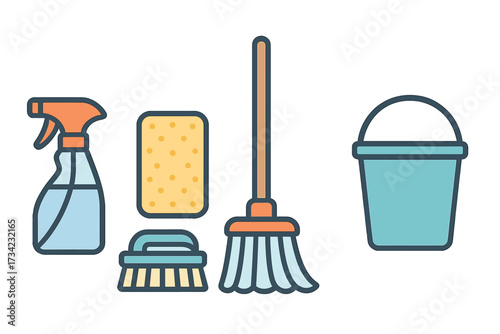 Essential household cleaning tools including spray bottle sponge scrub brush broom and water bucket