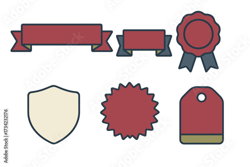 Collection of graphic design elements including decorative ribbons, award badges, blank shields, and price tags for various projects
