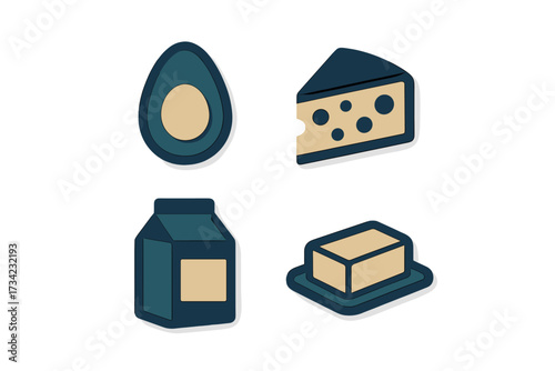 Collection of essential food items including avocado, cheese, milk, and butter in a modern layered paper style
