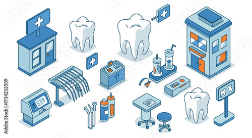 Isometric dental clinic with equipment and teeth icons in blue and orange