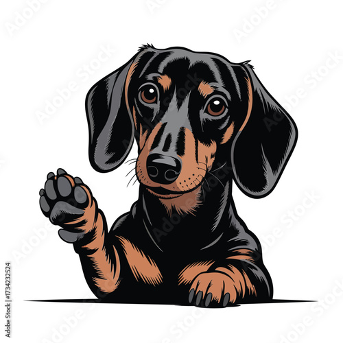 Cute dachshund dog waving paw hello friendly greeting