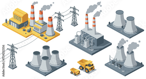 Isometric power plant icons featuring factories and smokestacks for industrial design