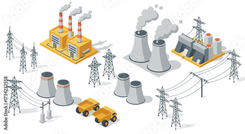 Isometric power plants and energy infrastructure with cooling towers and power lines