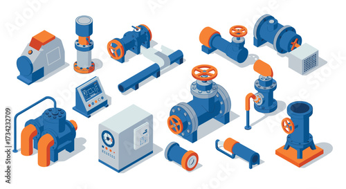 Industrial machinery icons set with isometric style for engineering design
