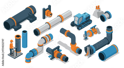 Isometric industrial pipes and construction machinery set