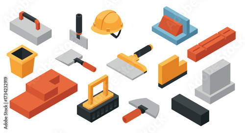 Isometric construction tools and equipment set for building and repair projects