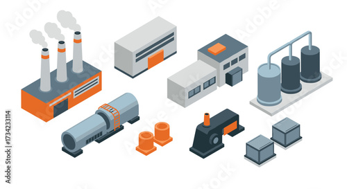 Isometric industrial buildings and machinery in modern style