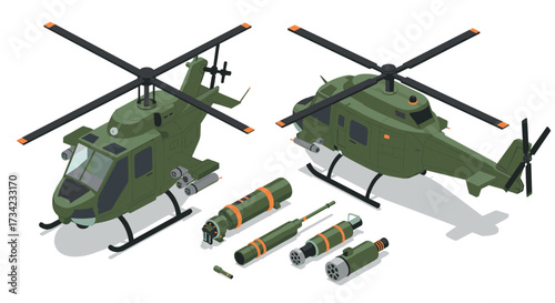 Military helicopter isometric design with weapons and accessories