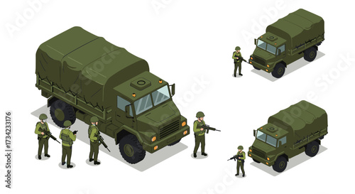 Military cargo truck and soldiers in isometric style