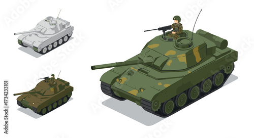 Isometric military tank illustration with soldier in three color variations