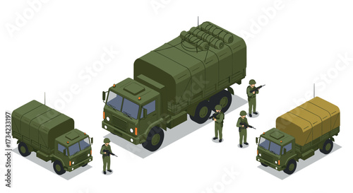 Military vehicles and soldiers in isometric style on a white background