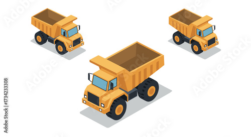 Isometric construction dump truck trio on white background