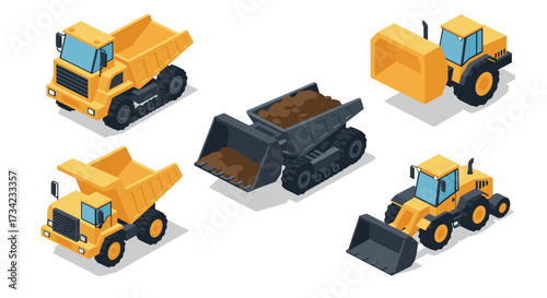 Isometric construction vehicles set with dump trucks and bulldozers