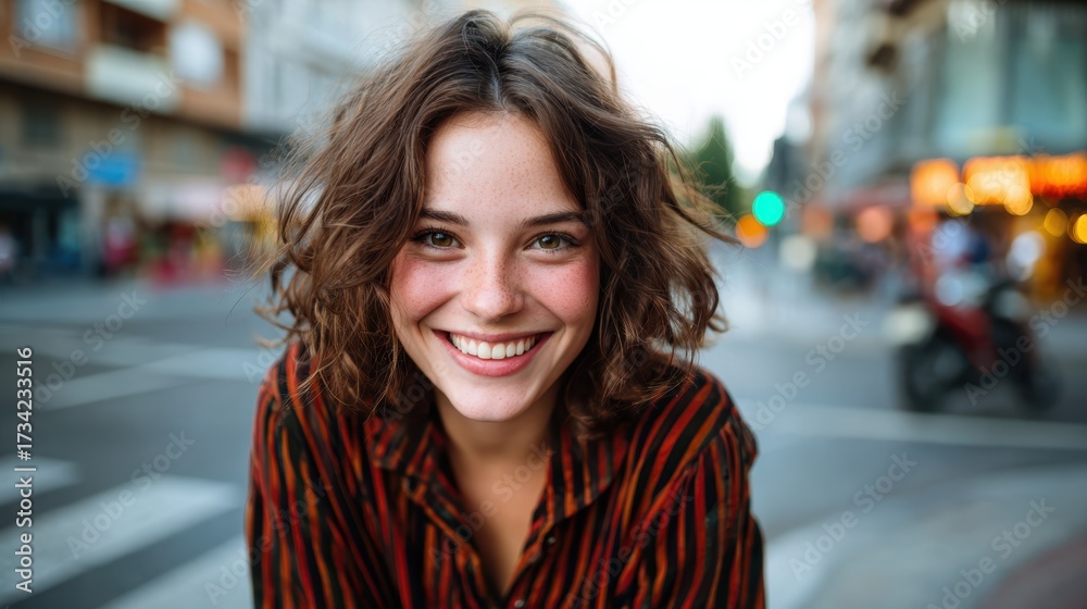 Fototapeta premium A joyful young woman with curly hair smiles brightly at the camera in an urban setting, embodying cheerful energy and warmth against the backdrop of city life and activity.