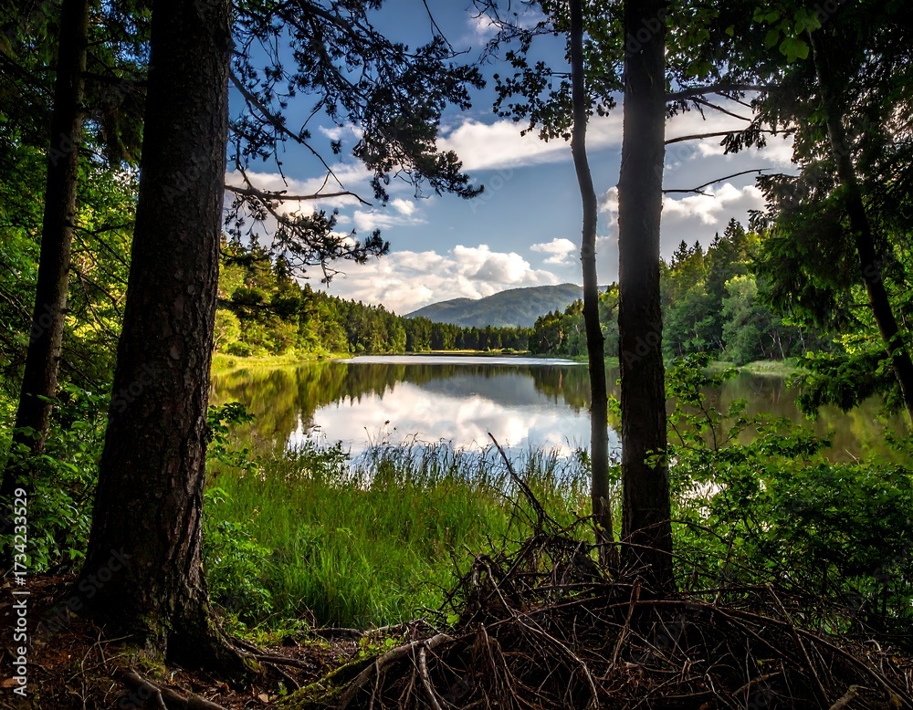 Obraz premium Serene lake framed by forest