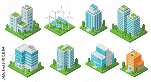 Isometric ecofriendly buildings with solar panels and wind turbines