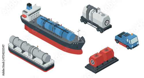 Isometric transport vehicles cargo ship and fuel containers collection