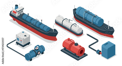 Isometric maritime transport and fuel equipment icons in 3d design