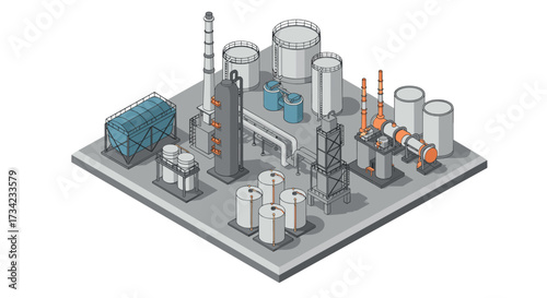 Isometric industrial plant design with storage tanks and machinery