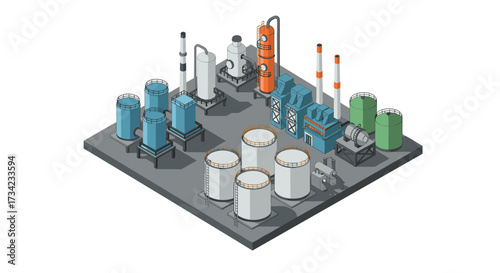 Isometric industrial plant design with storage tanks and machinery