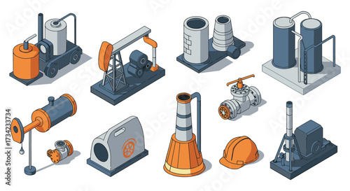 Isometric industrial equipment icons for manufacturing and construction design