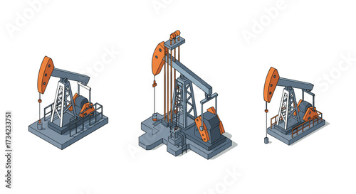 Isometric oil pump jack set energy production machines with industrial detail
