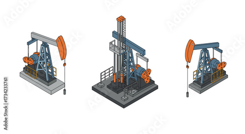 Isometric oil pumping equipment on white background for energy and industrial projects