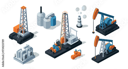 Isometric oil rig and pumpjack equipment icons set in industrial style