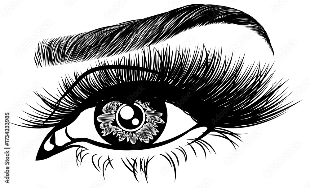 Fototapeta premium Illustration with woman's eye, eyelashes and eyebrow. Makeup Look. Tattoo design. Logo for brow bar or lash salon.