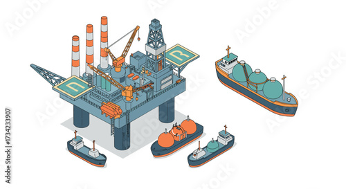 Offshore drilling platform and lng tankers in isometric style vector art