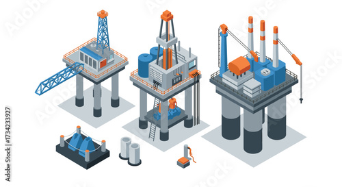Industrial isometric offshore oil rigs with detailed machinery and equipment