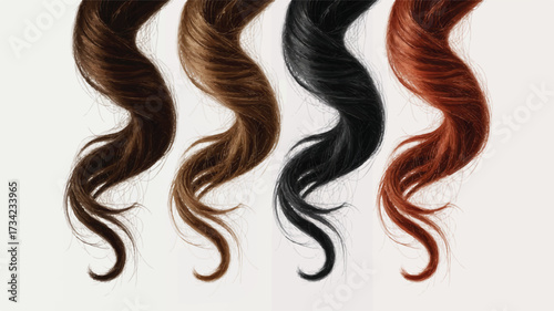 A digital illustration of four flowing hair strands against a pure white background. 