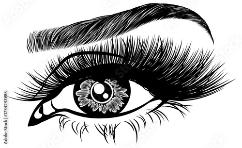 Illustration with woman's eye, eyelashes and eyebrow. Makeup Look. Tattoo design. Logo for brow bar or lash salon.