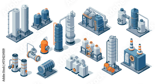 Isometric industrial plant equipment set with tanks, pipes, and valves