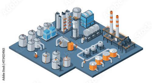 Industrial plant in isometric view with detailed machinery and equipment