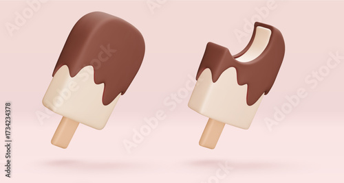 Set white Ice cream, popsicle with chocolate glaze, 3d render. Design elements. Realistic sweet fast food icon. Vector illustration isolated on white for menu, shop, flyer, banner, web, adv, sale