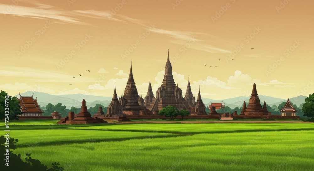 Obraz premium Ancient Buddhist Temple in Southeast Asian Rice Fields