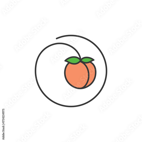 Soft orange peach with twin lobes and leafy top, encircled by a flowing loop, perfect for orchard packaging, summer fruit branding, or natural dessert visuals. Tender, ripe, and naturally sweet