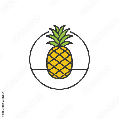 Yellow pineapple with spiky crown and textured body, framed in a crisp loop, perfect for tropical treat packaging, island harvest branding, or exotic juice visuals. Bright, tangy, and natural