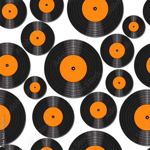 Seamless pattern print wallpaper with vinyl record discs music illustration vector retro style 60s, 70s, 80s, design art background for paper, textile, pack etc.	

