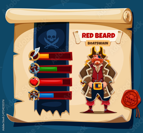 Pirate crew character options, game window on scroll. Cartoon boatswain corsair personage named Red Beard on old parchment with gaming interface stat bars, representing skills, strength and vitality