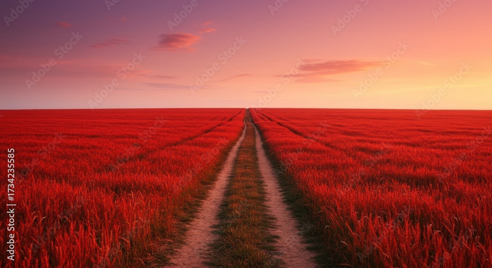 Obraz premium Path Through Vibrant Red Field at Sunset