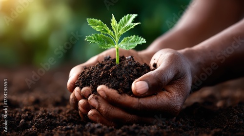 A pair of hands cradling rich, dark soil with a delicate green seedling emerging, symbolizing growth, care, and the nurturing aspects of plant cultivation and environmental consciousness.