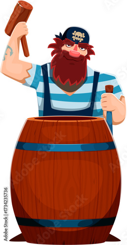 cartoon pirate and corsair cooper ship crew character with a red beard pops out of a wooden barrel, holding a mallet and tap. Vector barrel maker personage wearing a striped shirt and pirate bandana